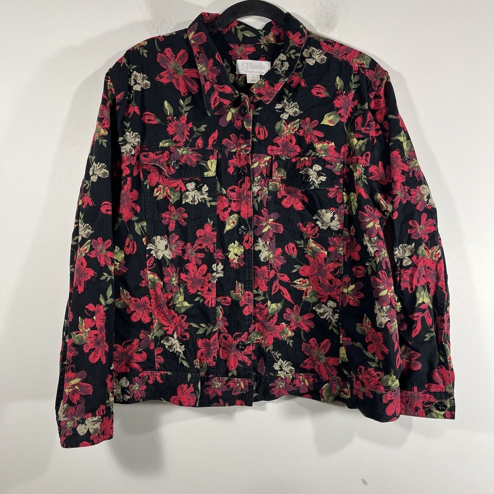 VTG CJ Banks Jacket Womens X‎ Black Red Floral Button Up Whismygoth Cottagecore